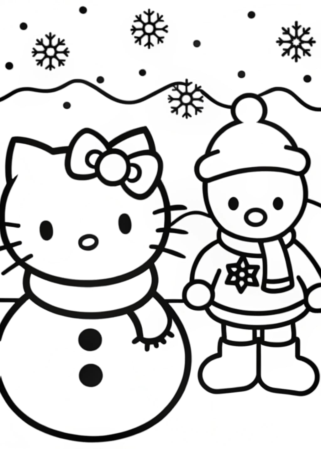 Hello Kitty and Snowman Coloring Page