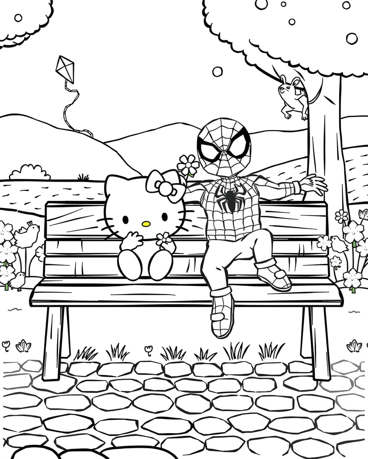 Hello Kitty and Spiderman at a Park Coloring Page