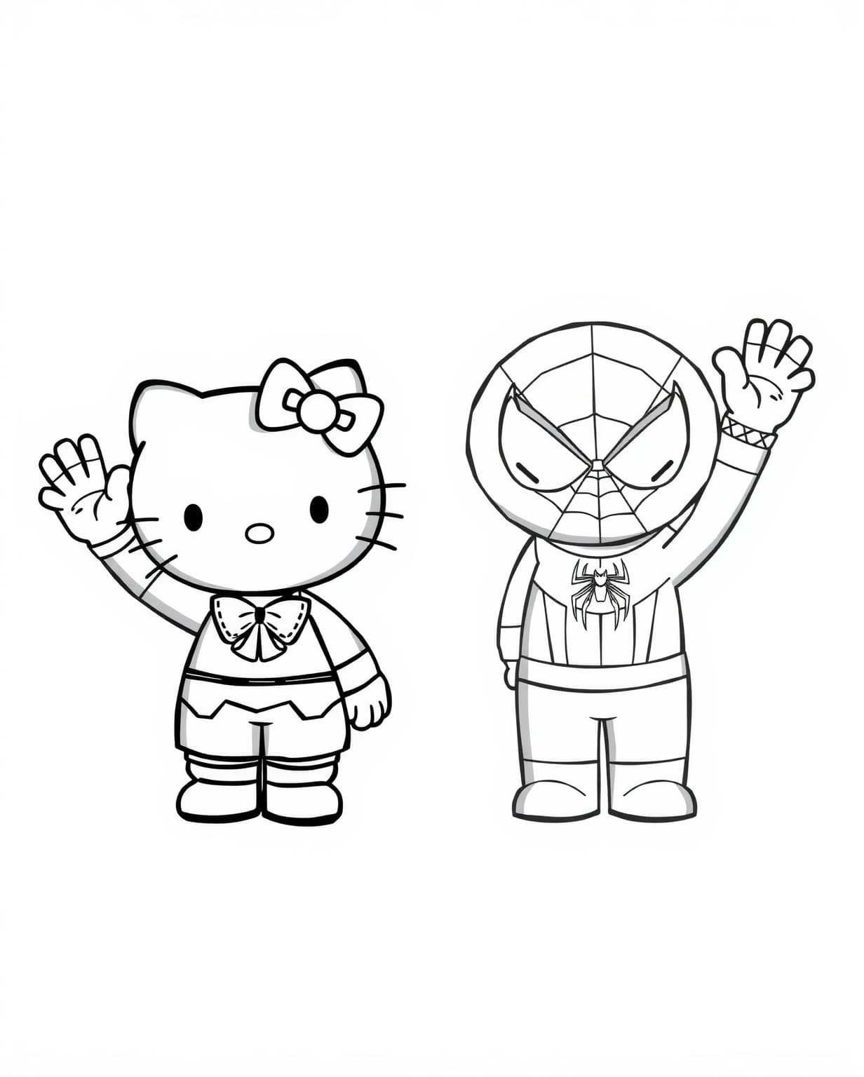 Hello Kitty and Spiderman Waving Coloring Page