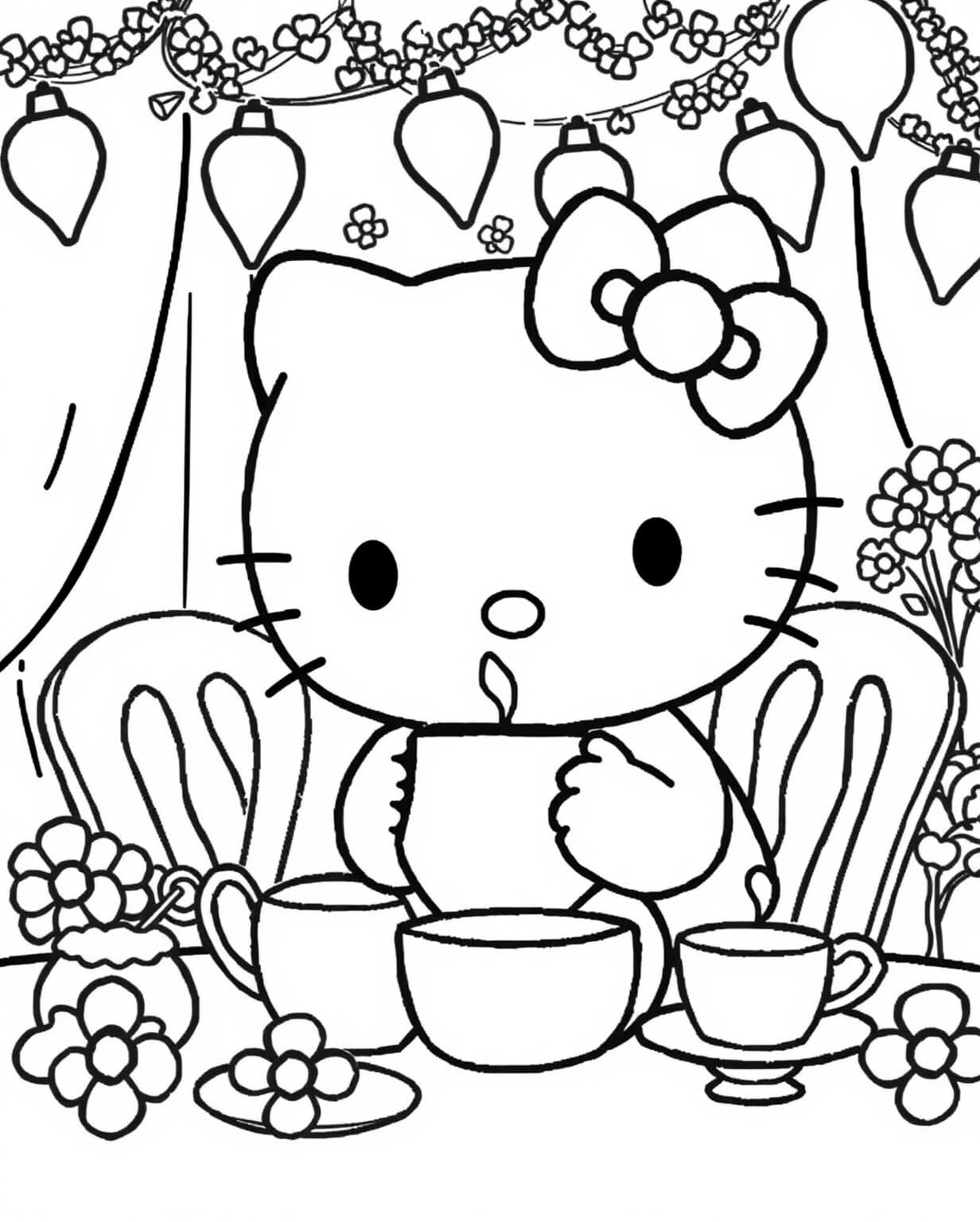 Hello Kitty at a Tea Party Coloring Page