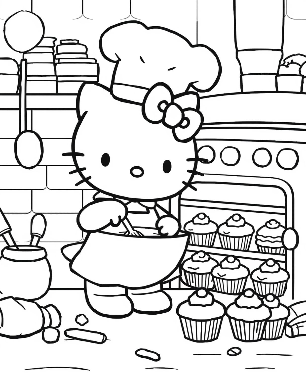 Hello Kitty Baking Cupcakes Coloring Page