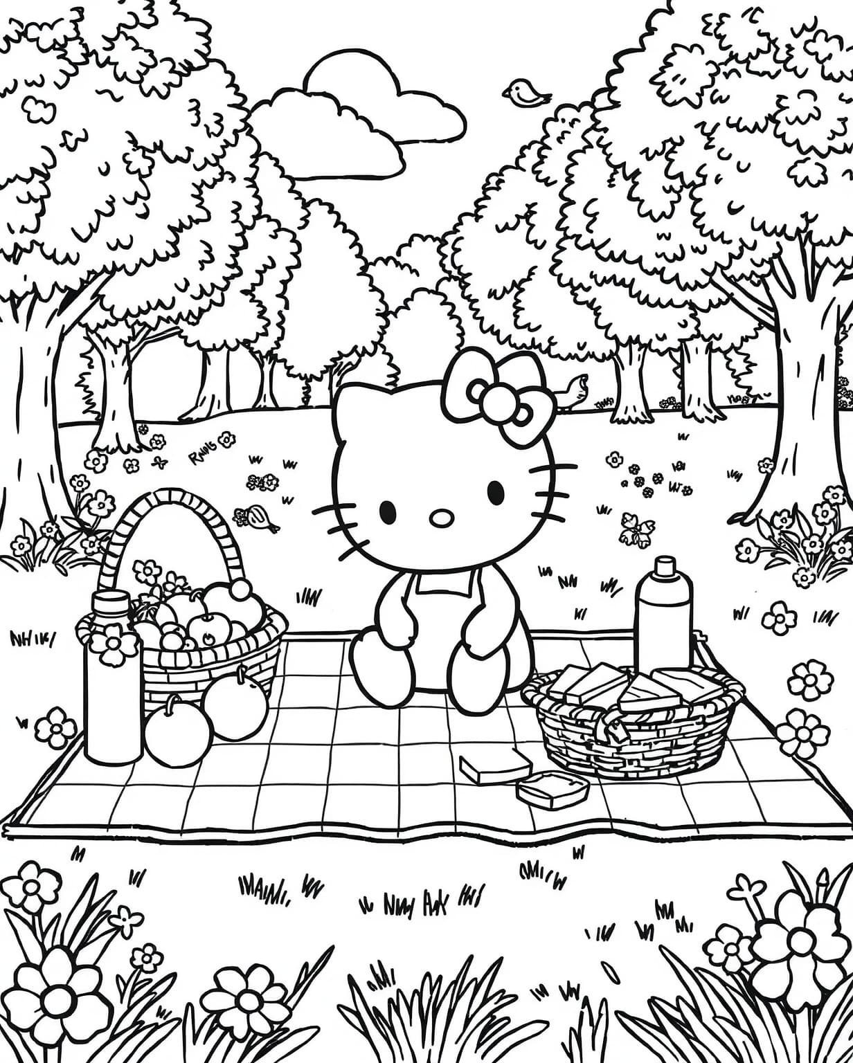 Hello Kitty on a Picnic Coloring Page
