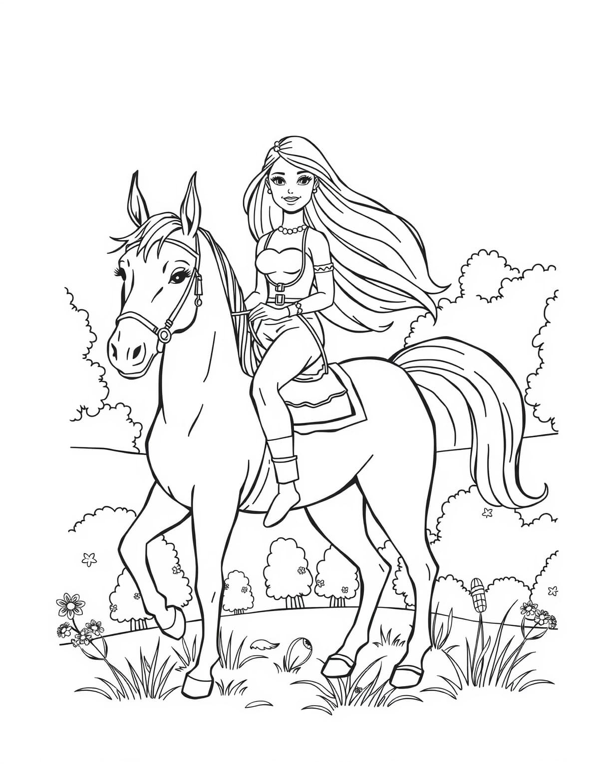 Horse And Barbie Coloring Page