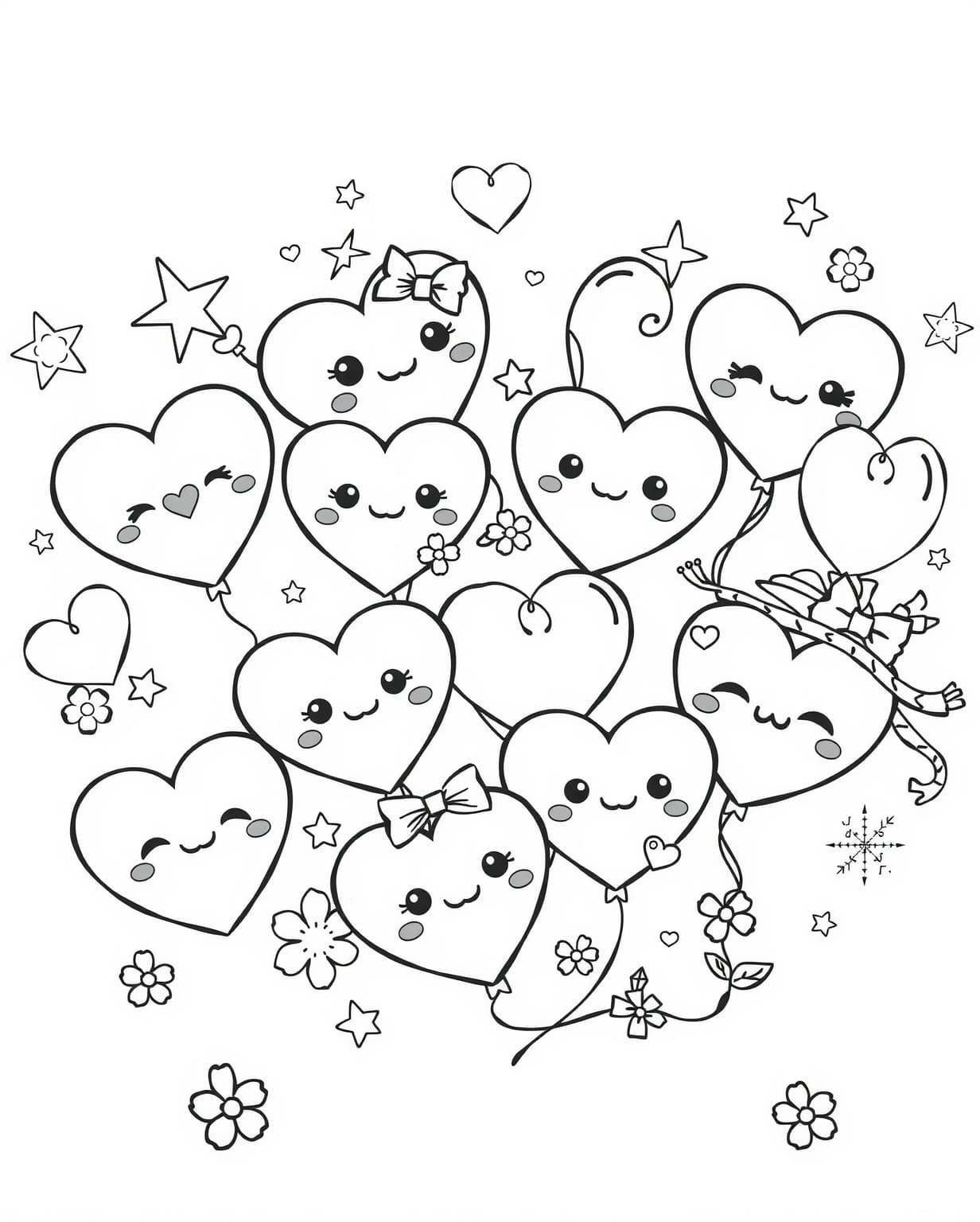 Kawaii Heart Characters Coloring Page
