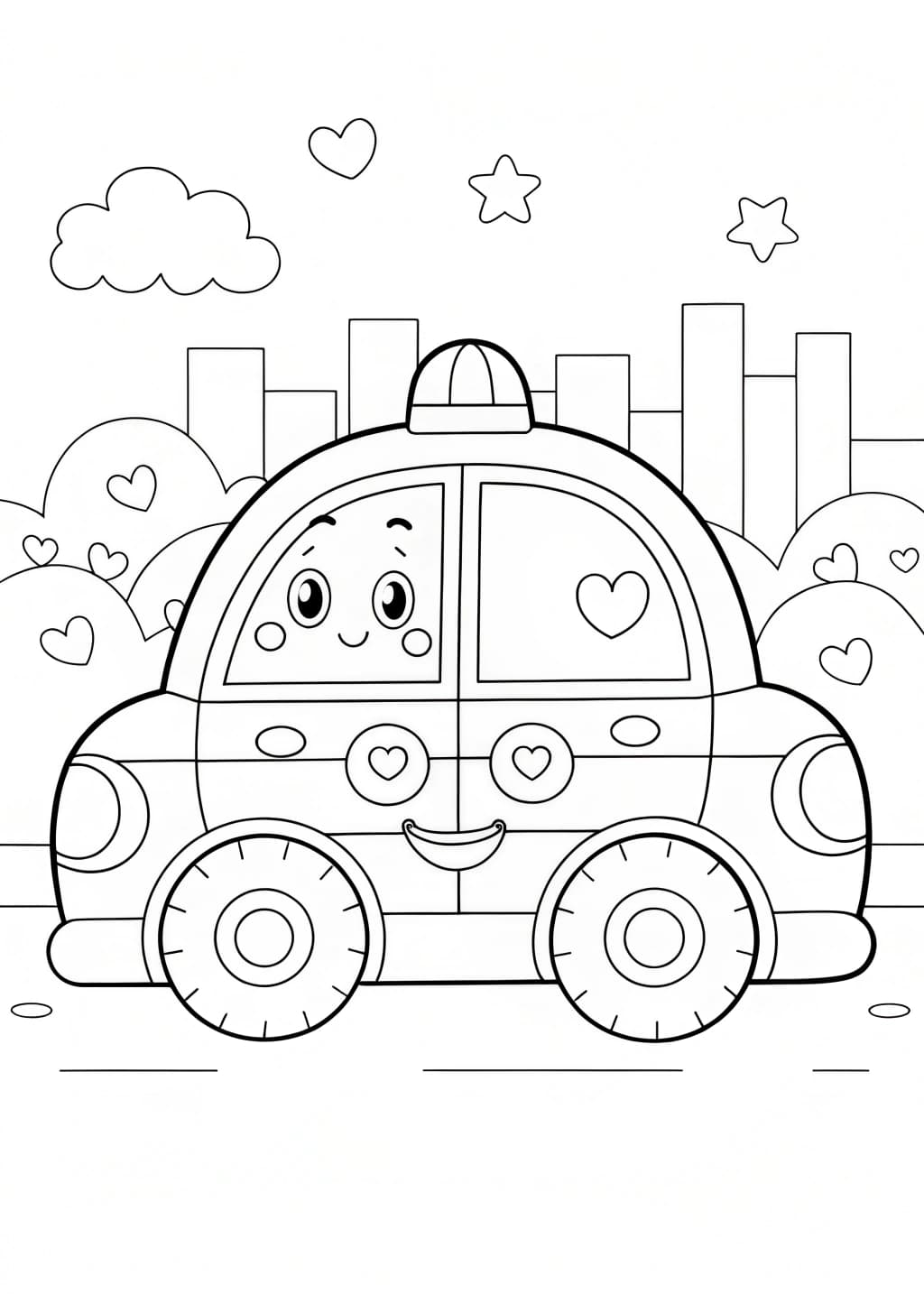 Kawaii Style Police Car Coloring Page