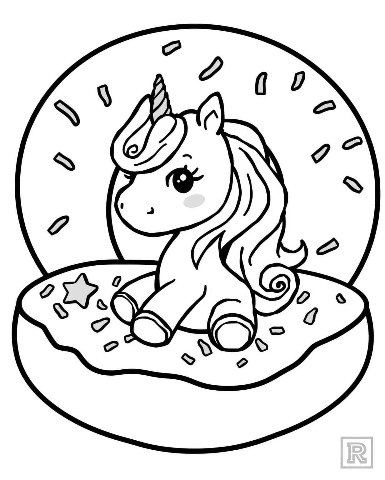 Kawaii Unicorn Donut Coloring Page