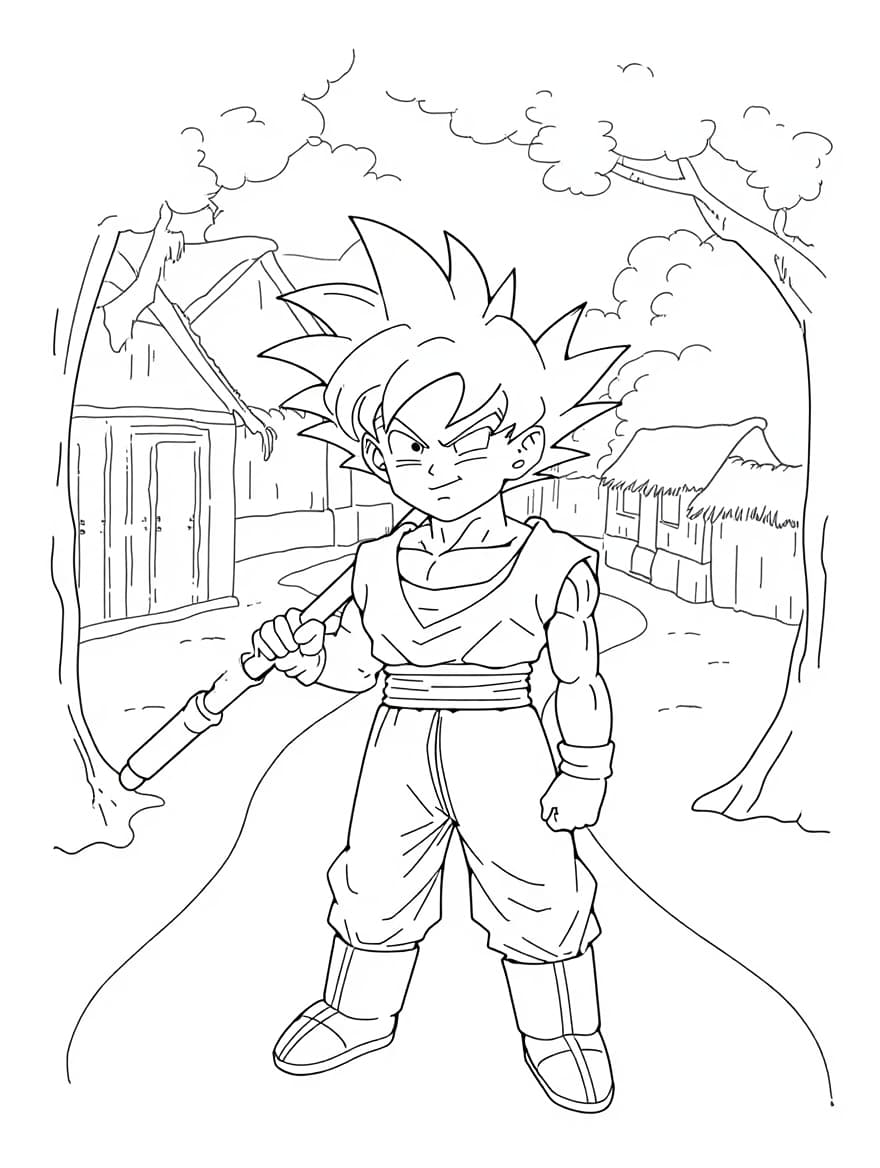 Kid Goku In Village Coloring Picture