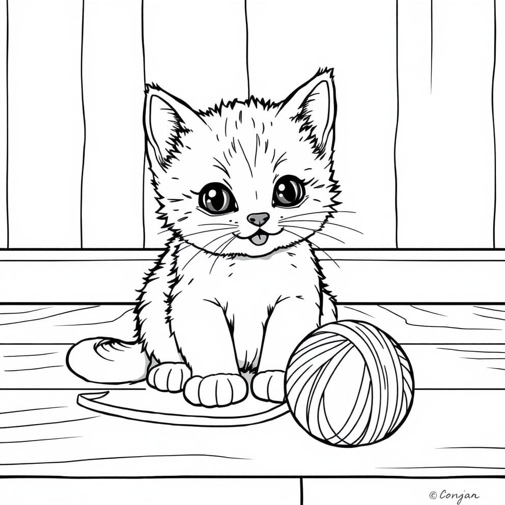 Kitten with Yarn Ball Coloring Page