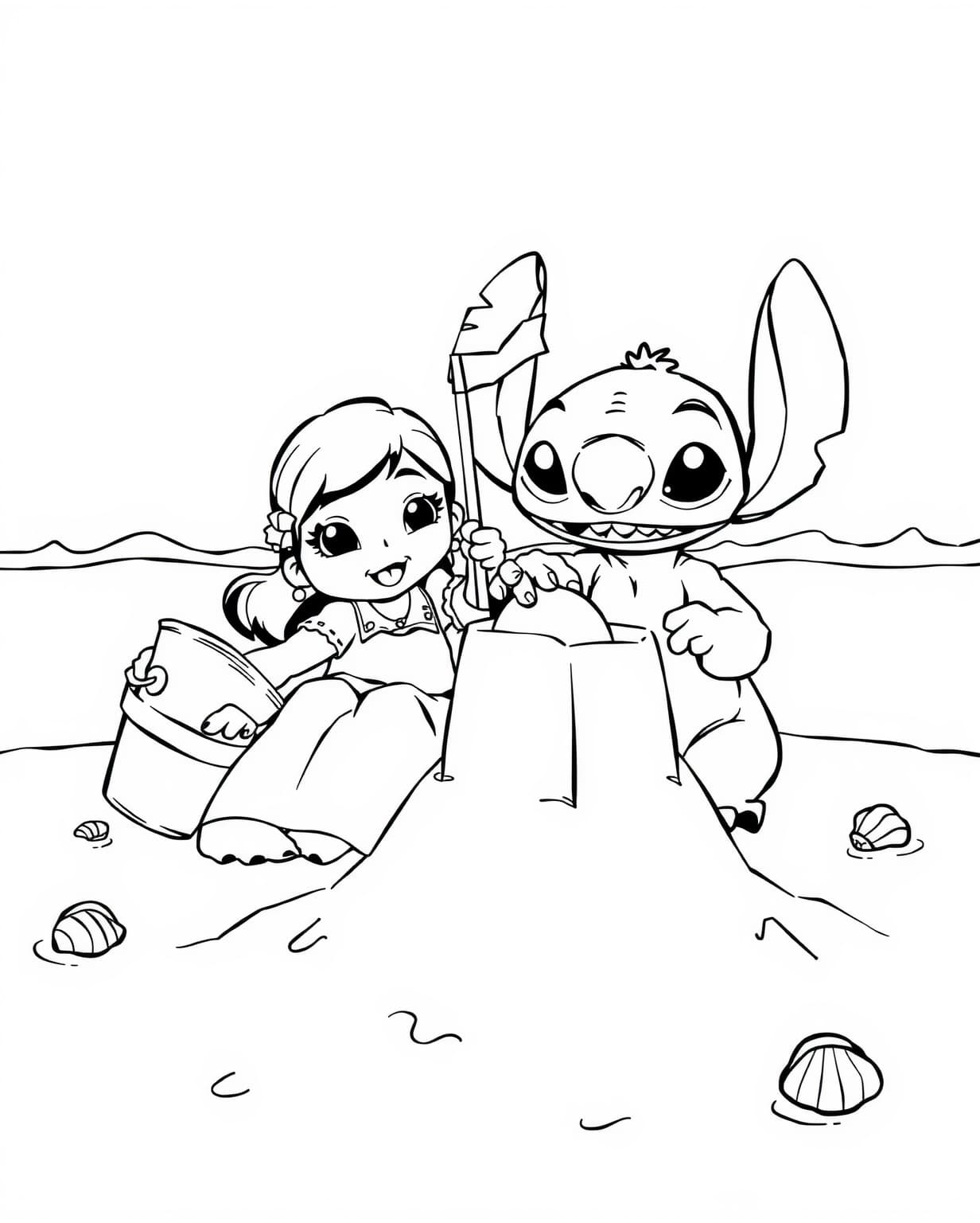 Lilo and Stitch Building a Sandcastle Coloring Page