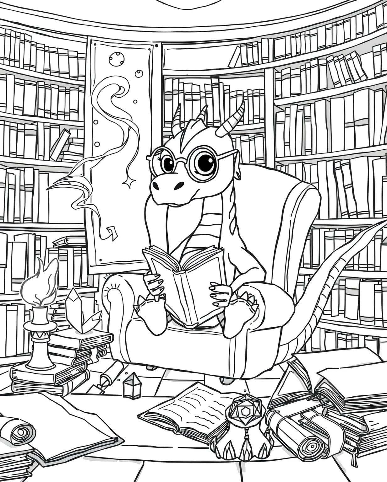 Magical Dragon in Library Coloring Page