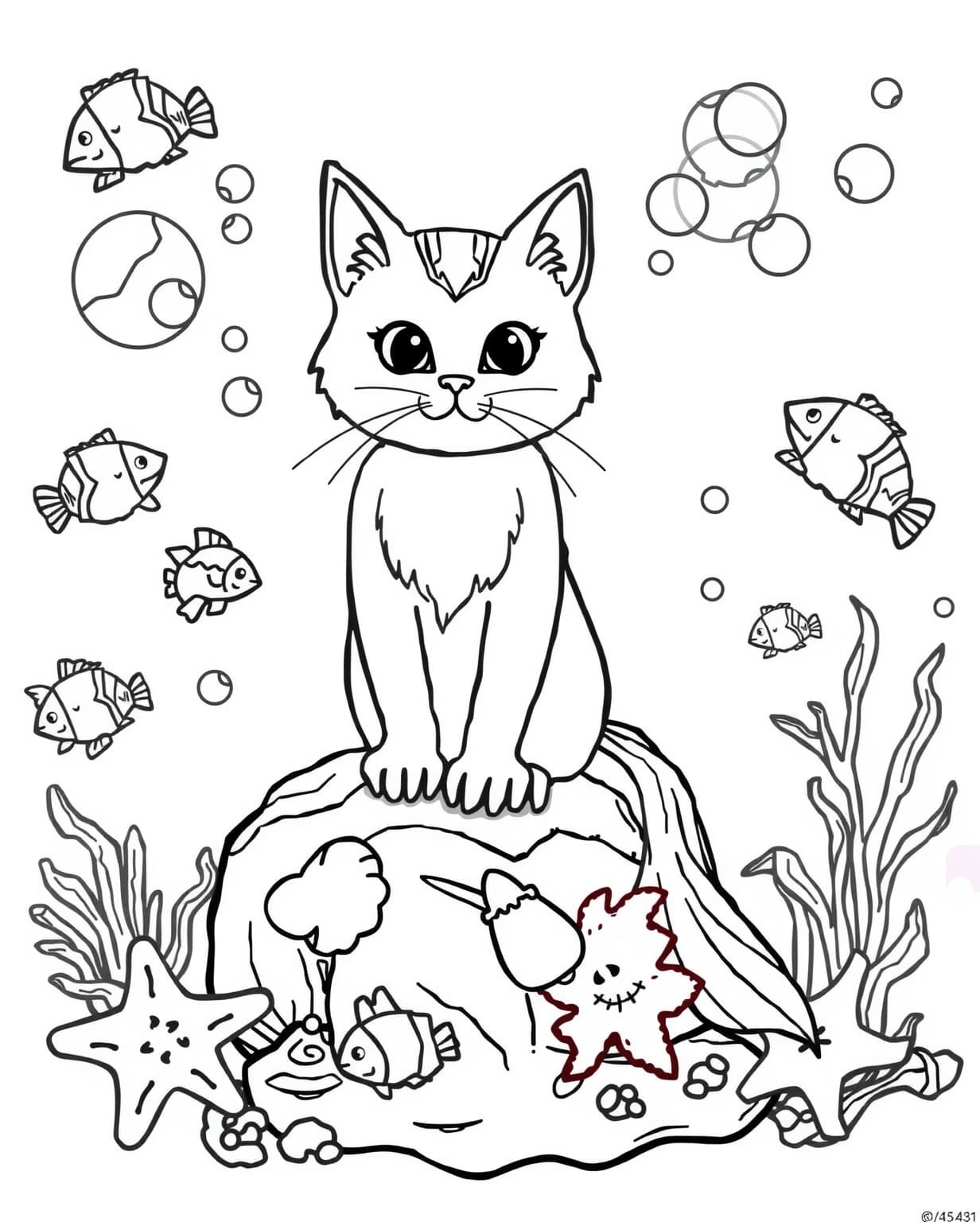 Mermaid Cat Coloring Page