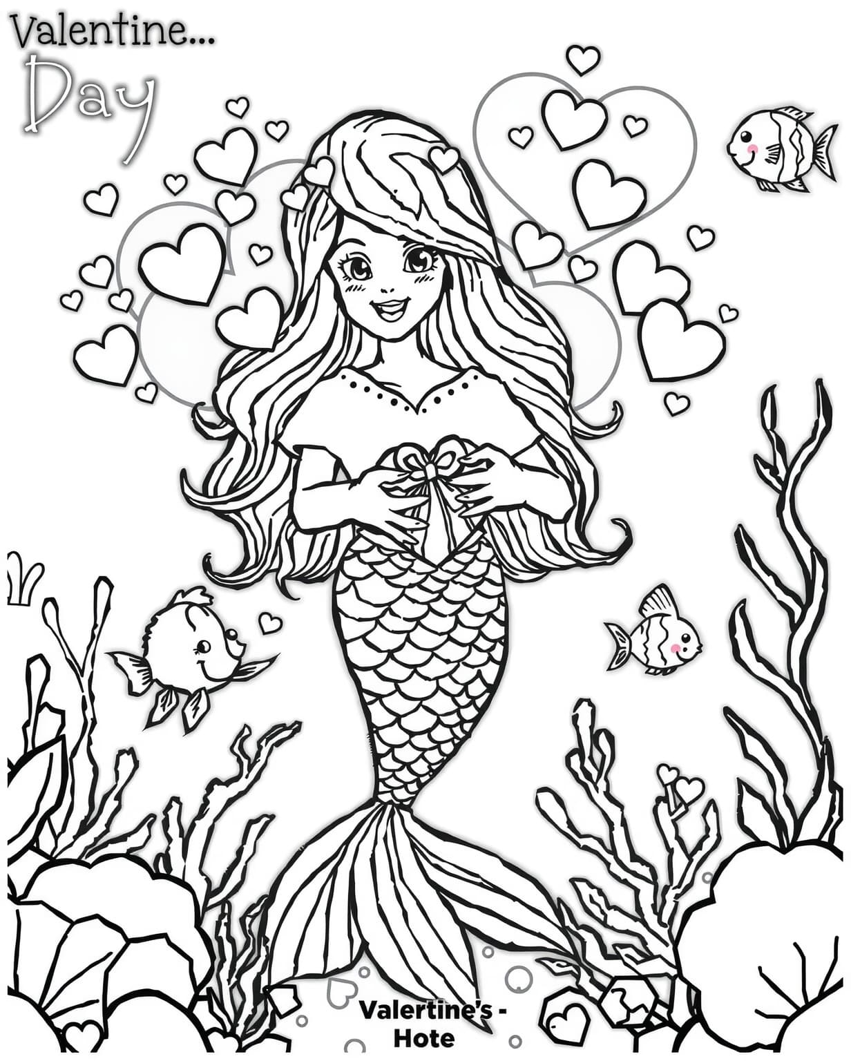 Mermaid Valentine Coloring Page
