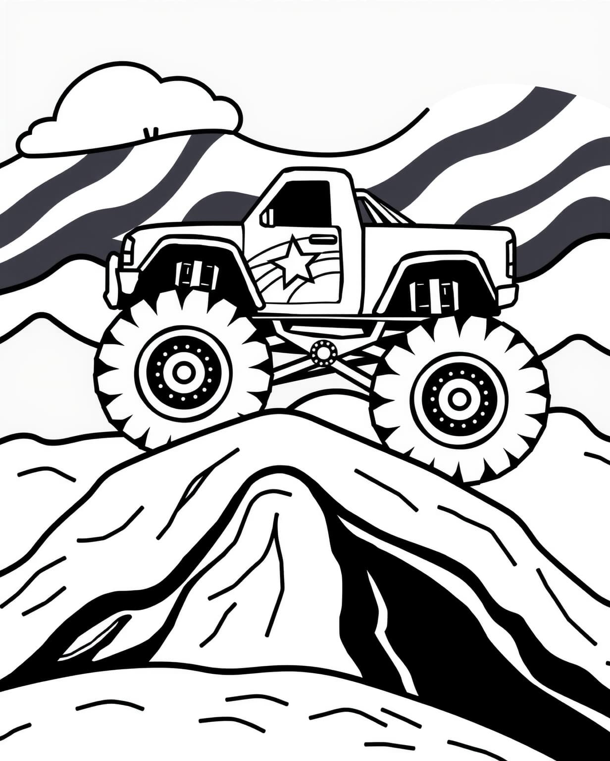 Monster Truck Racing Over Hills Coloring Page