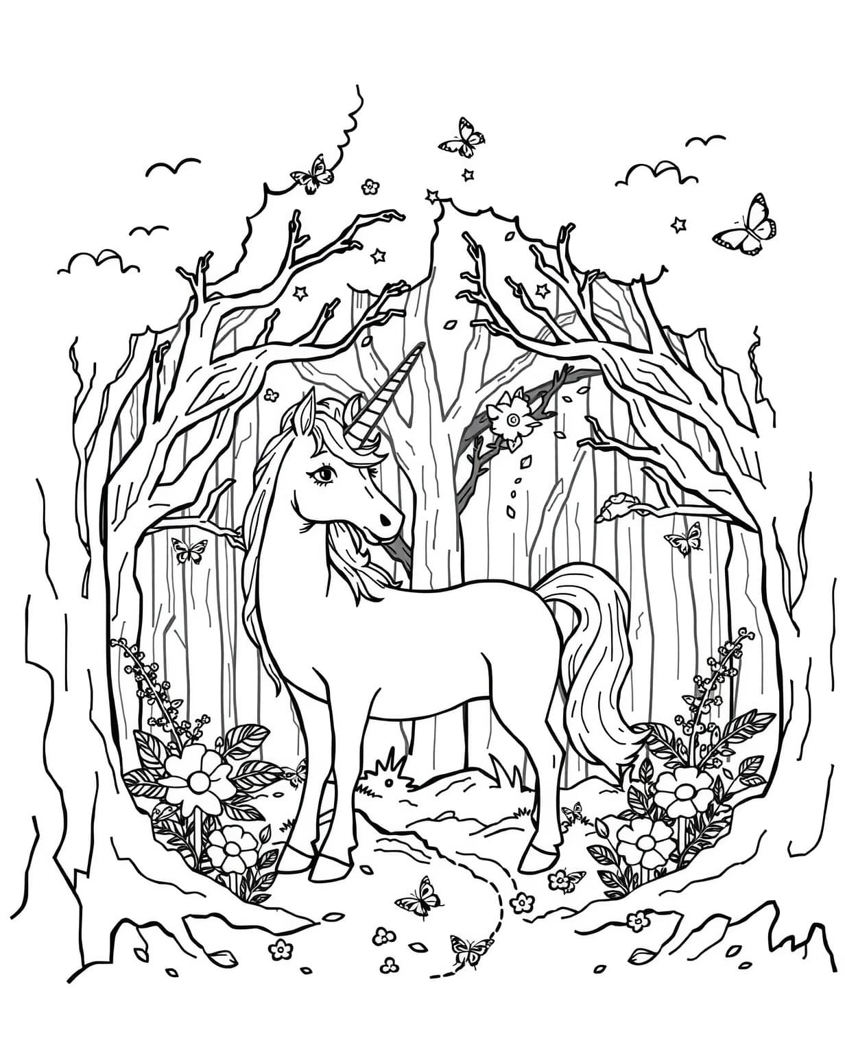Mystical Forest Unicorn Coloring Page