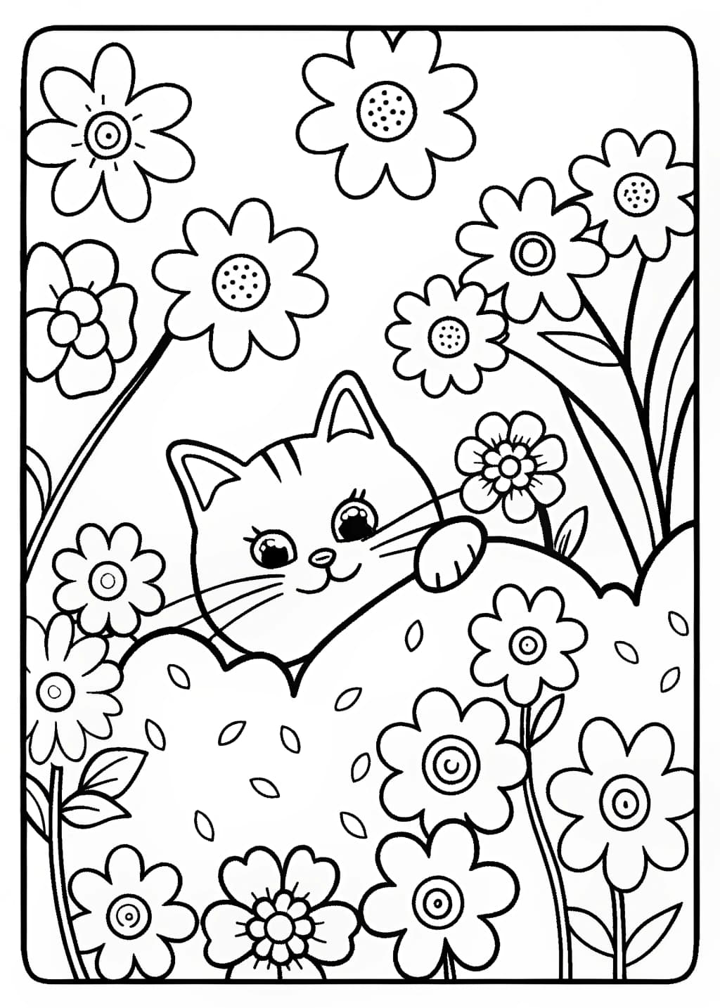 Peek-a-Boo Cat in a Flower Garden Coloring Page