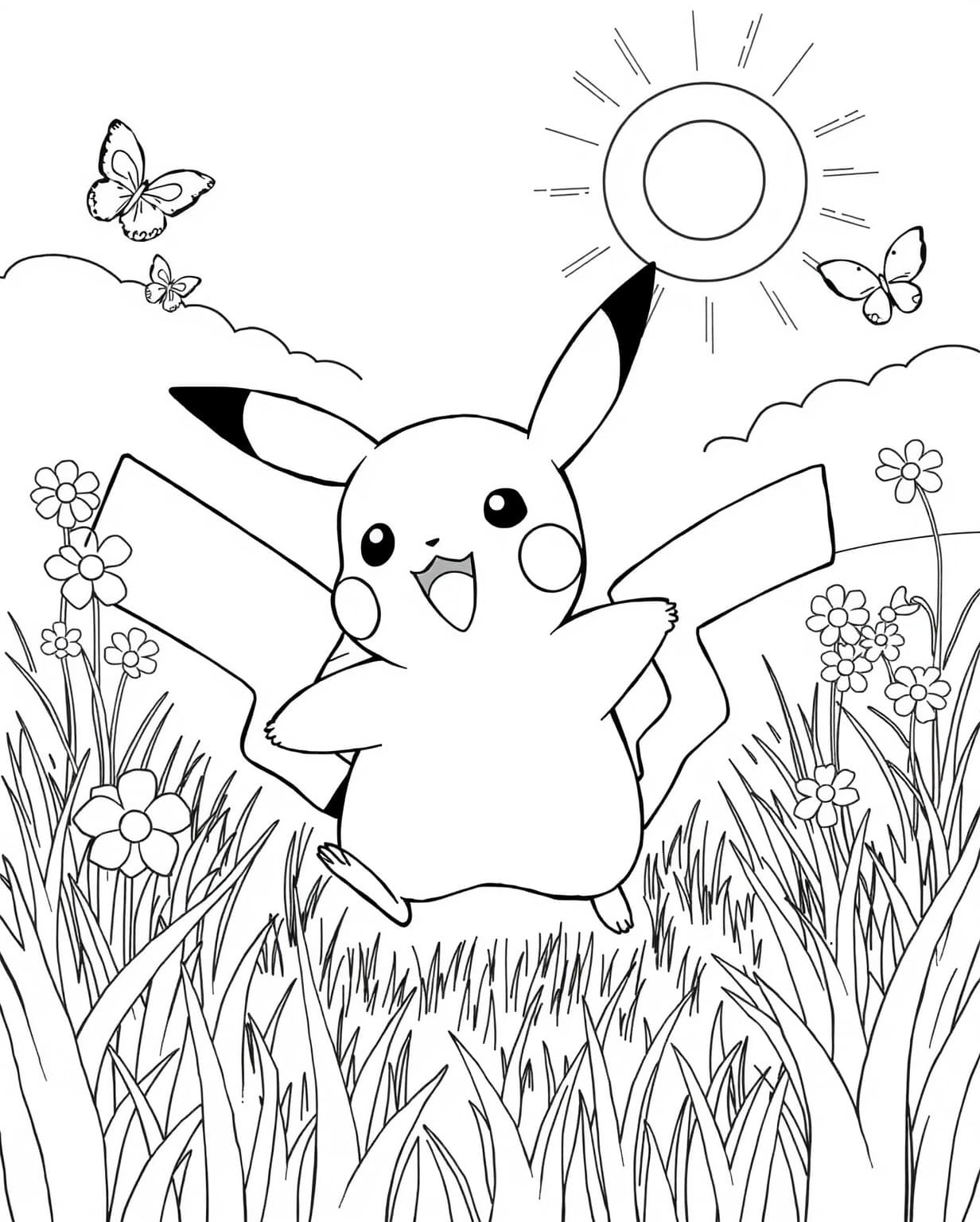 Pikachu Playing in a Meadow Coloring Page