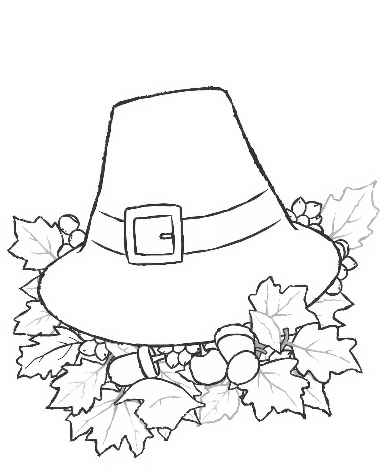 Pilgrim Hat with Autumn Leaves Coloring Page