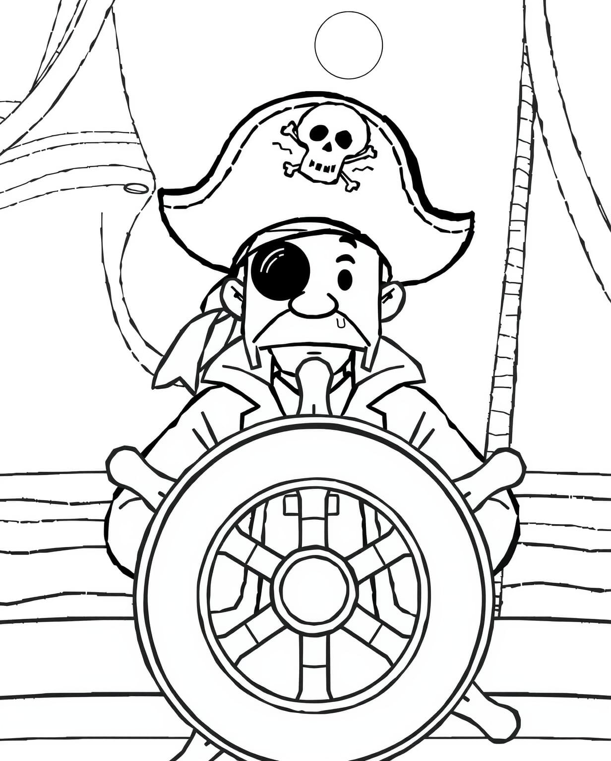 Pirate Captain Steering the Ship Coloring Page