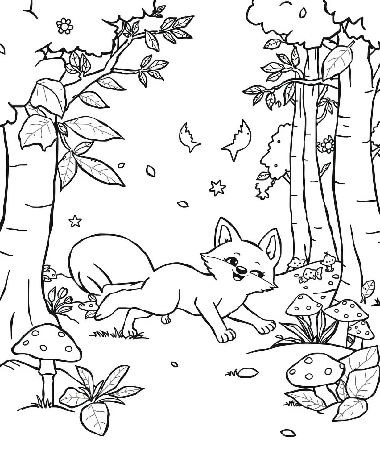 Playful Fox in Forest Coloring Page