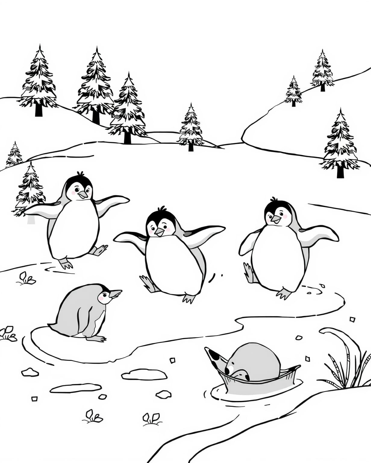 Playful Penguins on Ice Coloring Page