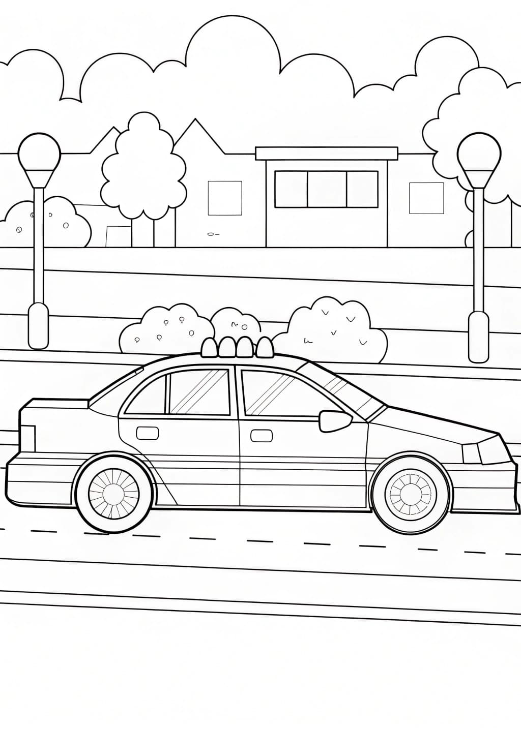 Police Car On The Road Coloring Page