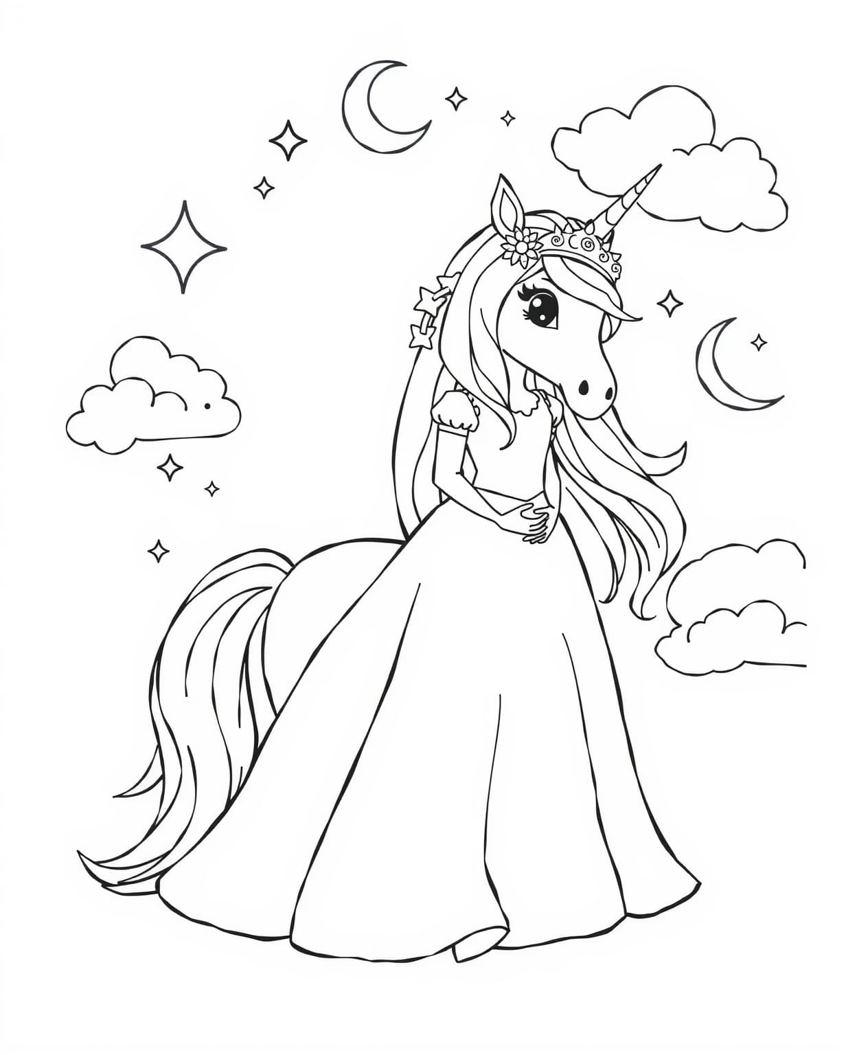 Princess And Unicorn Coloring Page