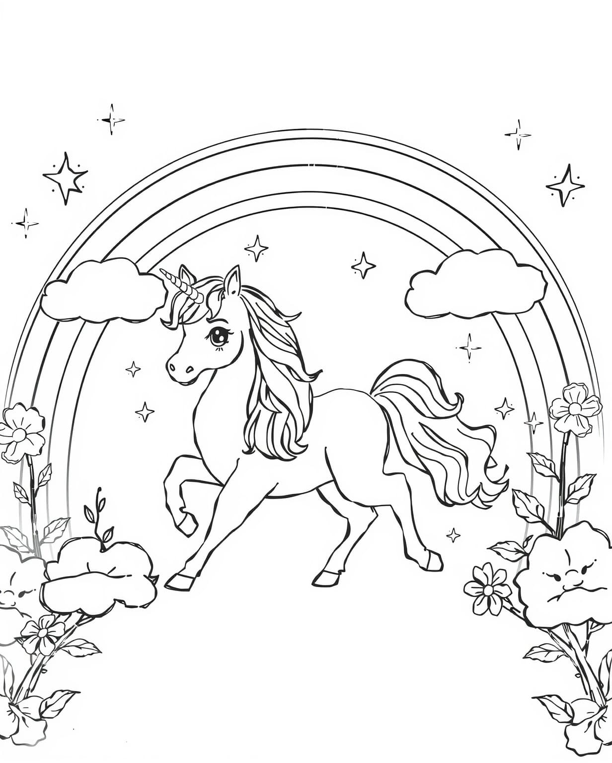 Rainbow And Unicorn Coloring Page