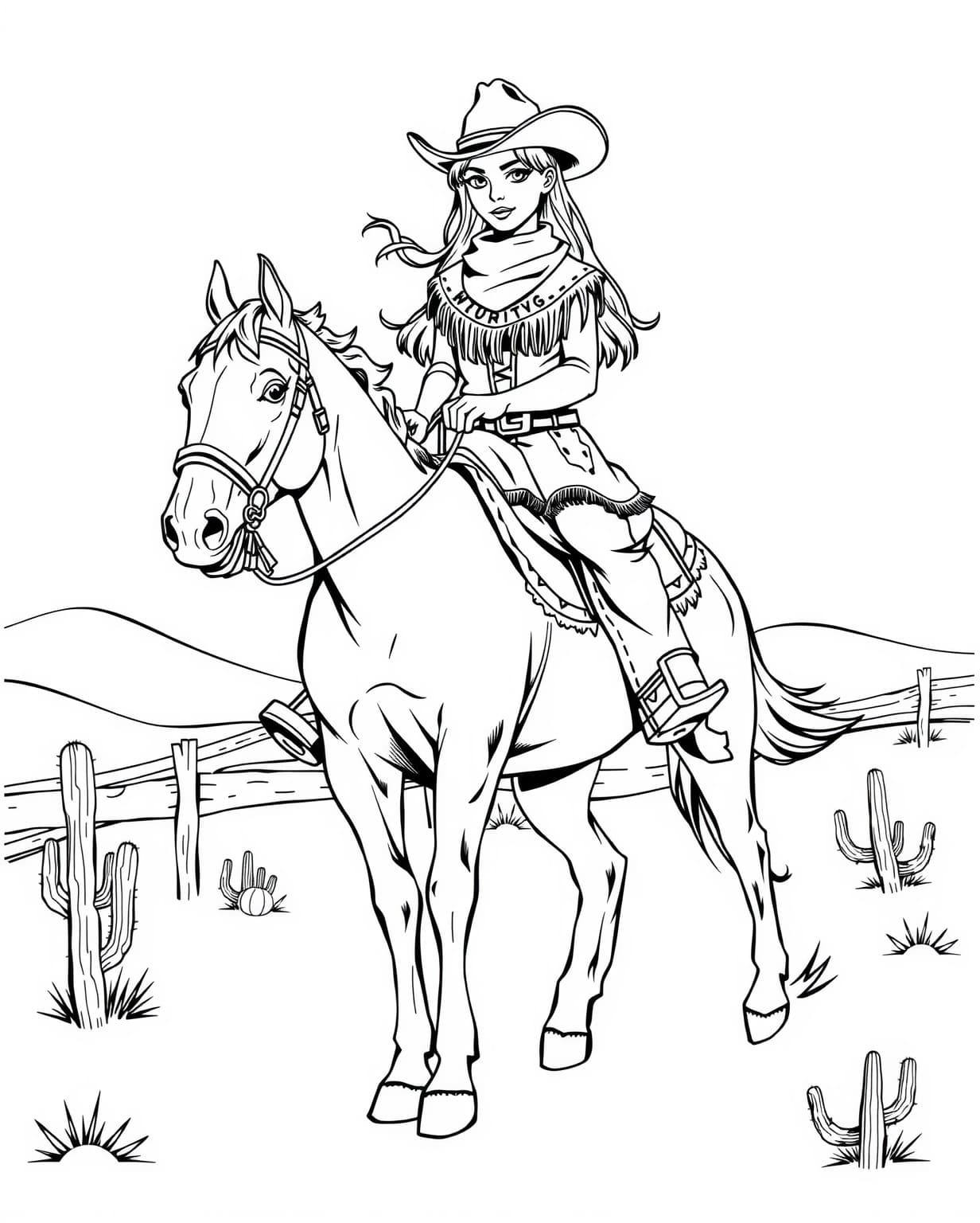 Realistic Cowgirl Coloring Page