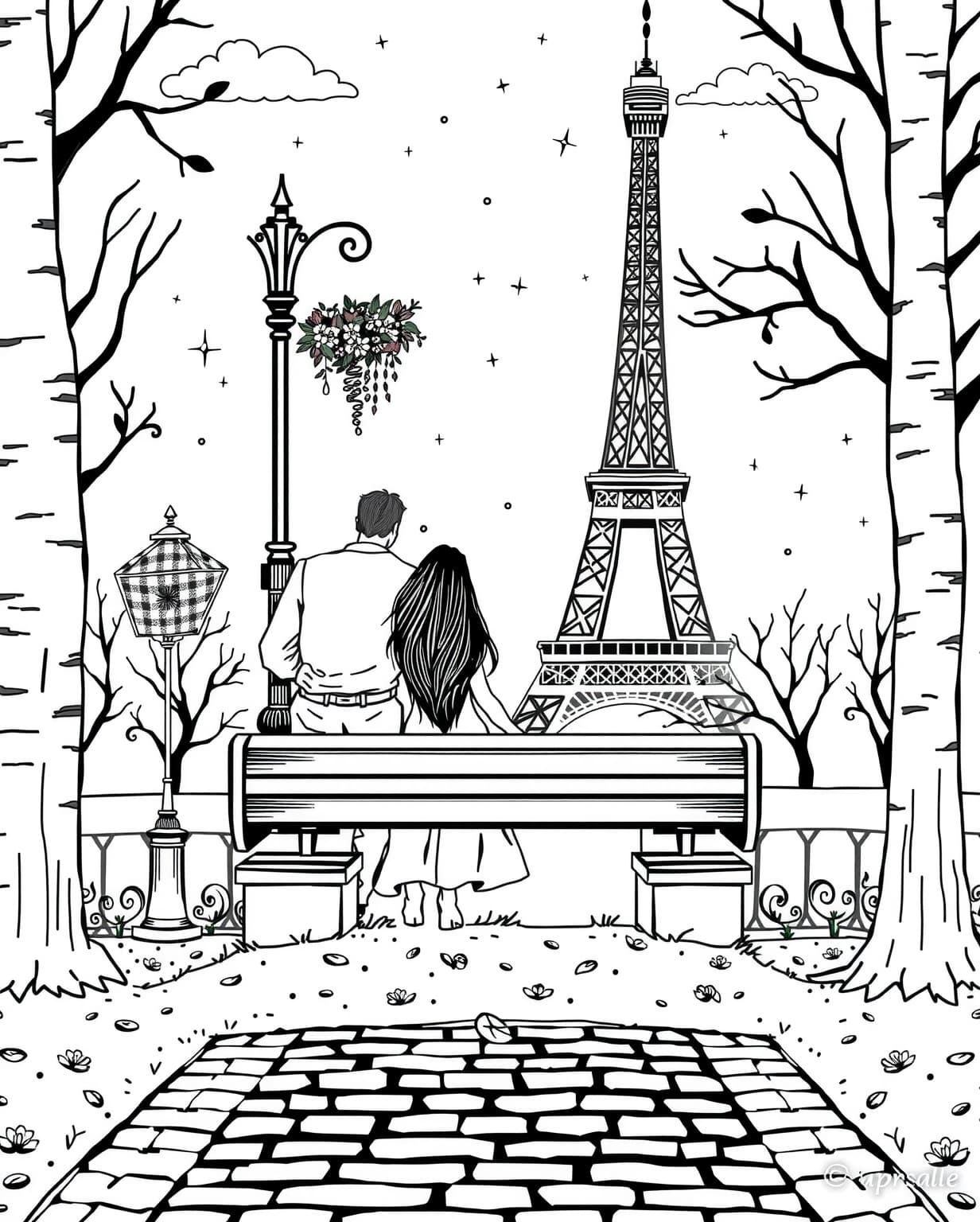Romantic Paris Scene Coloring Page
