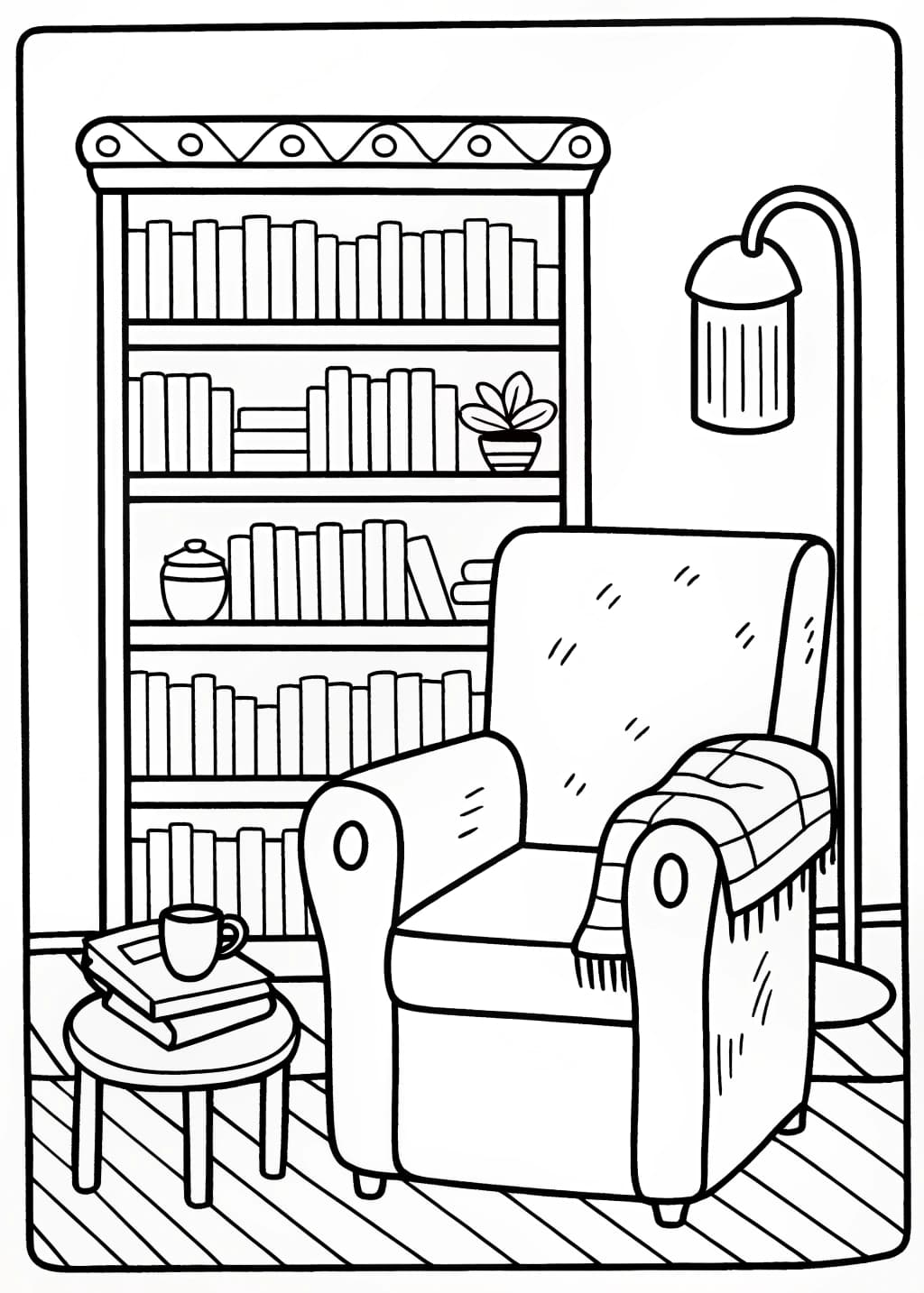 Rustic Library Corner Coloring Page