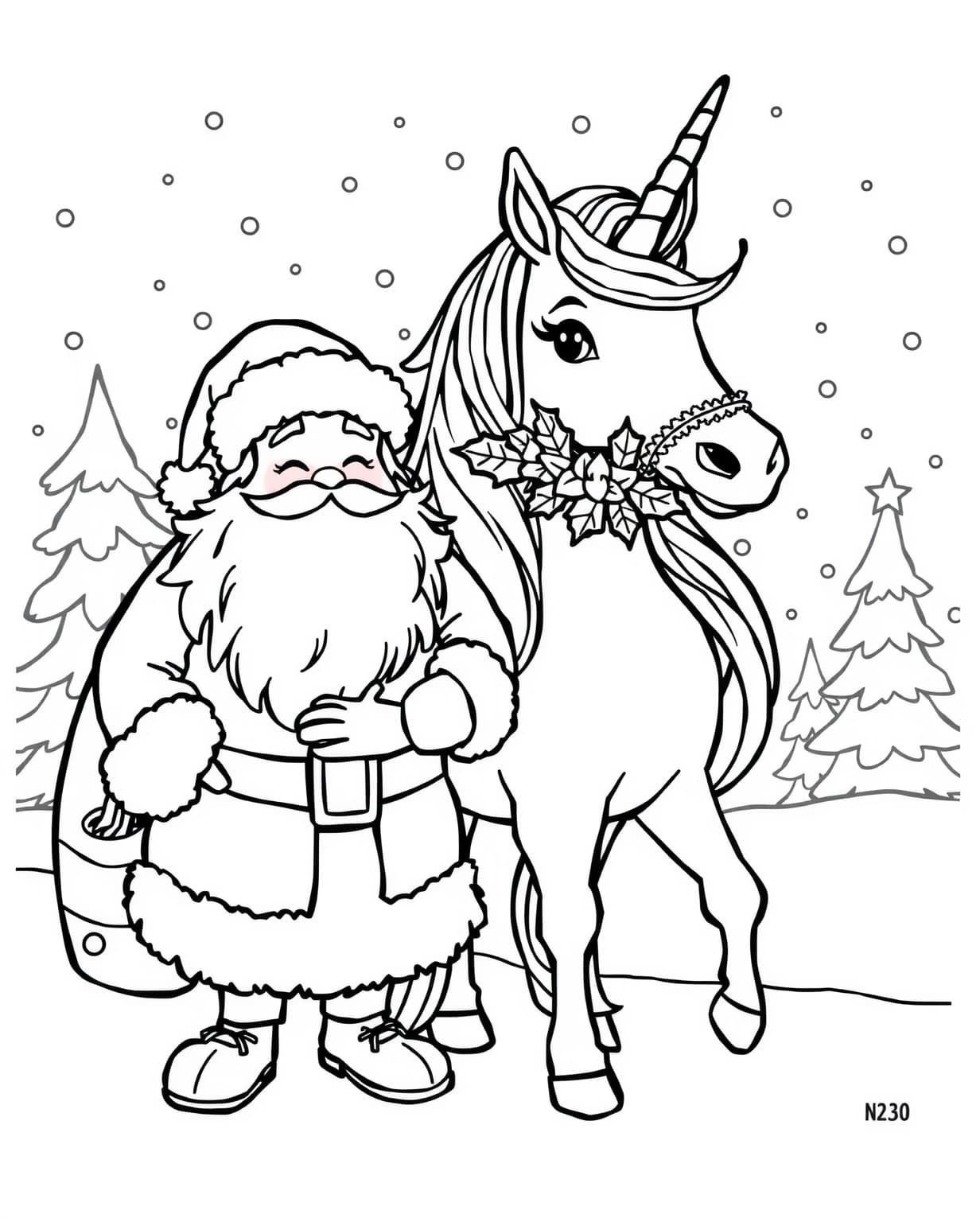 Santa And Unicorn Coloring Page