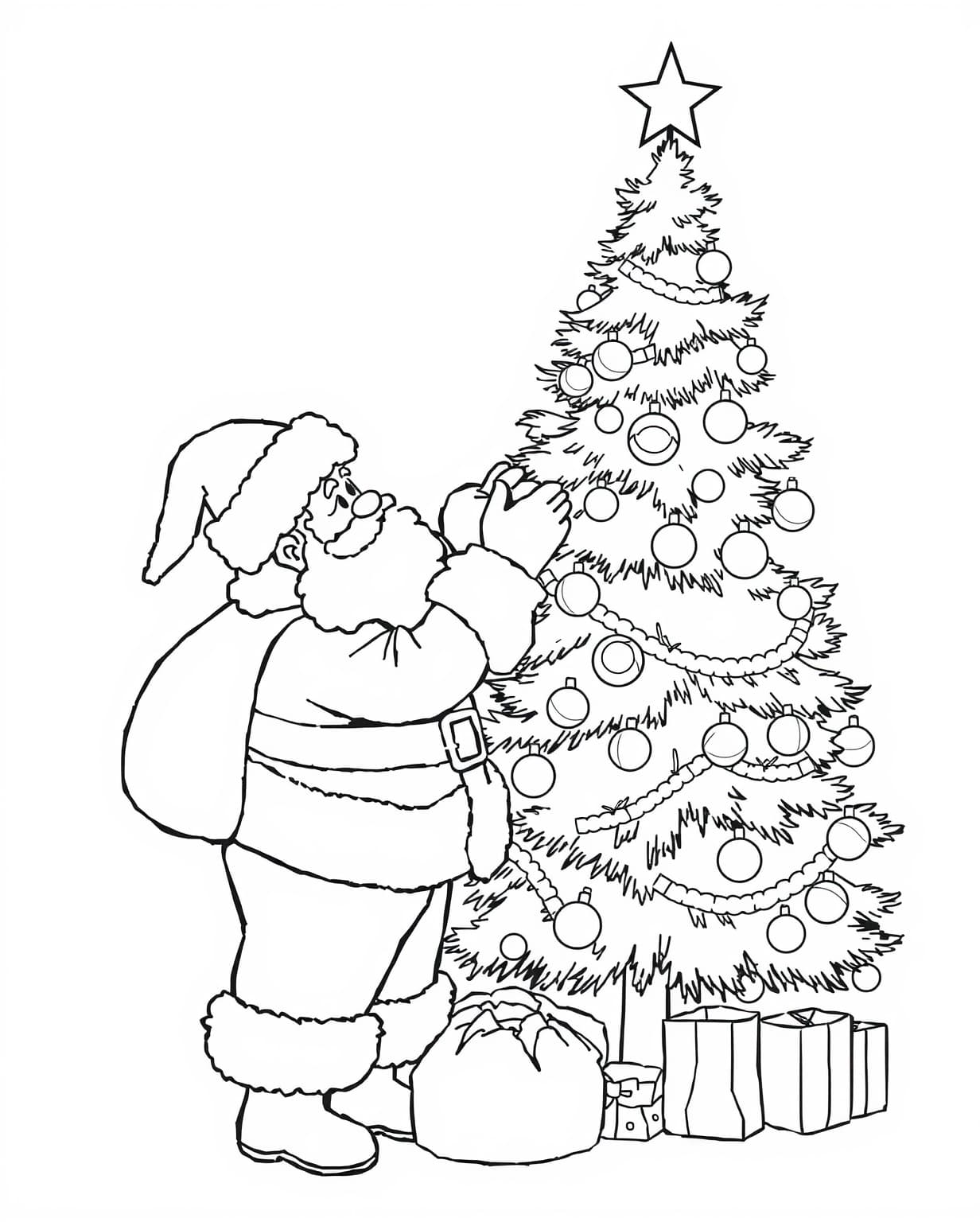 Santa Decorating a Christmas Tree Coloring Page