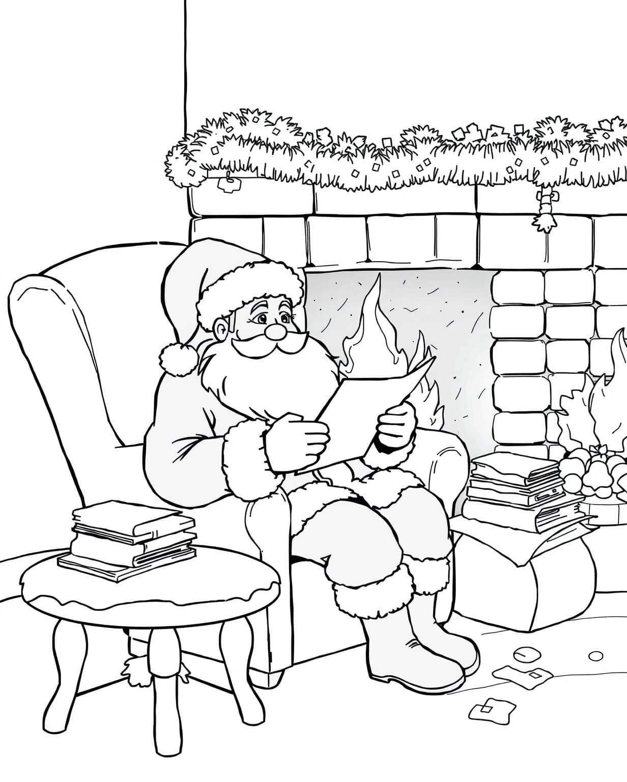 Santa Reading Letters from Children Coloring Page