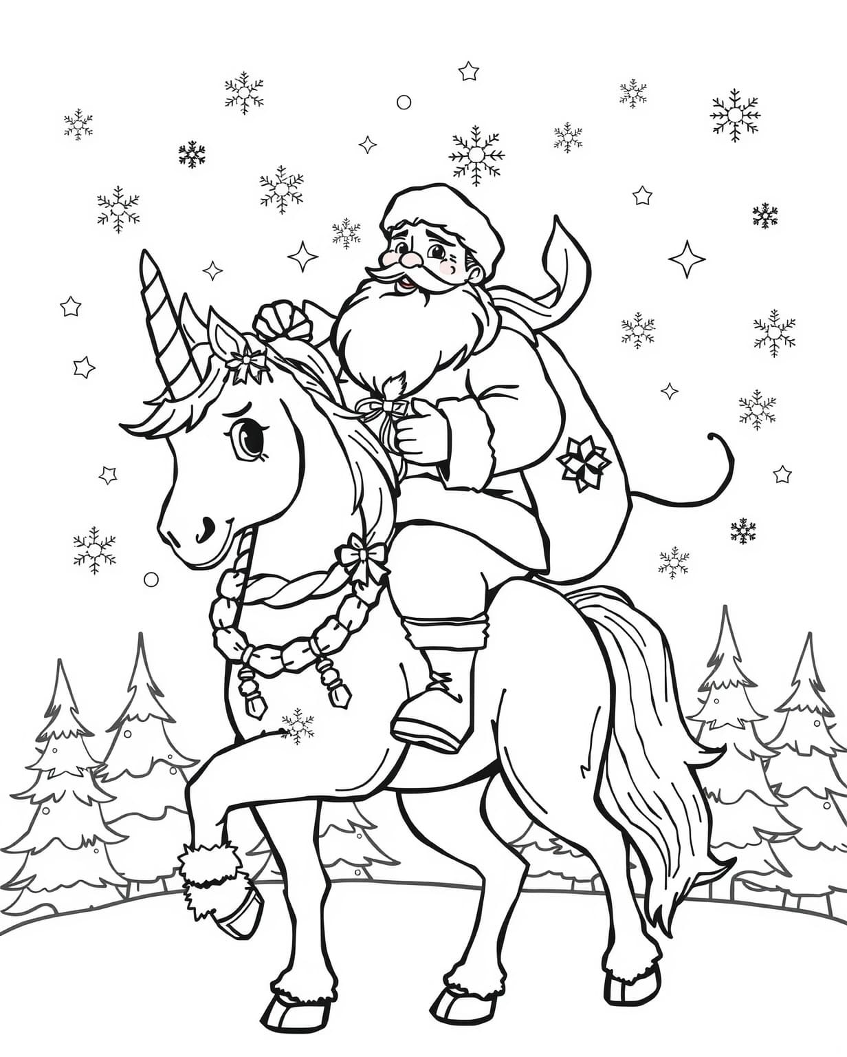 Santa Riding A Unicorn Coloring Page