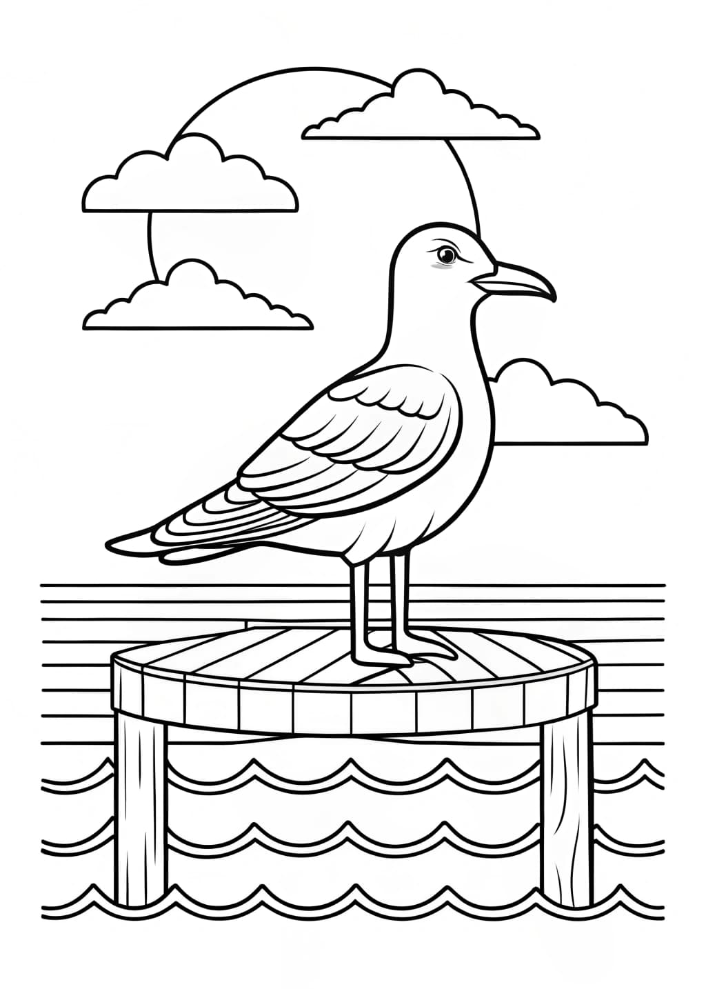 Seagull on a Pier Coloring Page