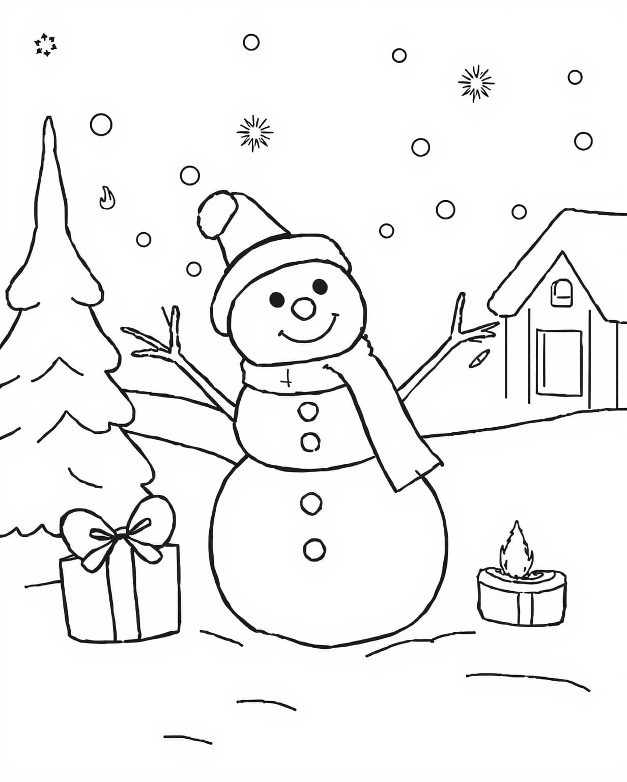 Smiling Snowman with Gifts Coloring Page