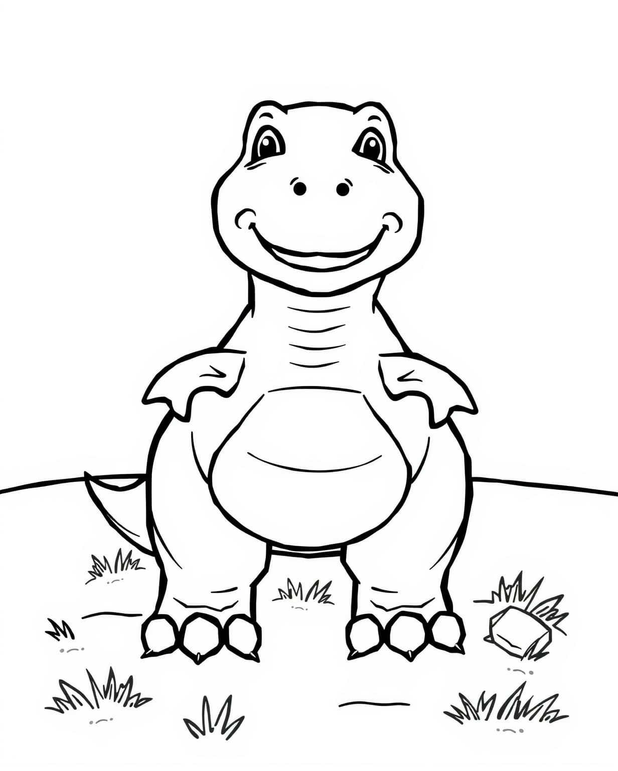 Smiling T-Rex Standing in a Field Coloring Page