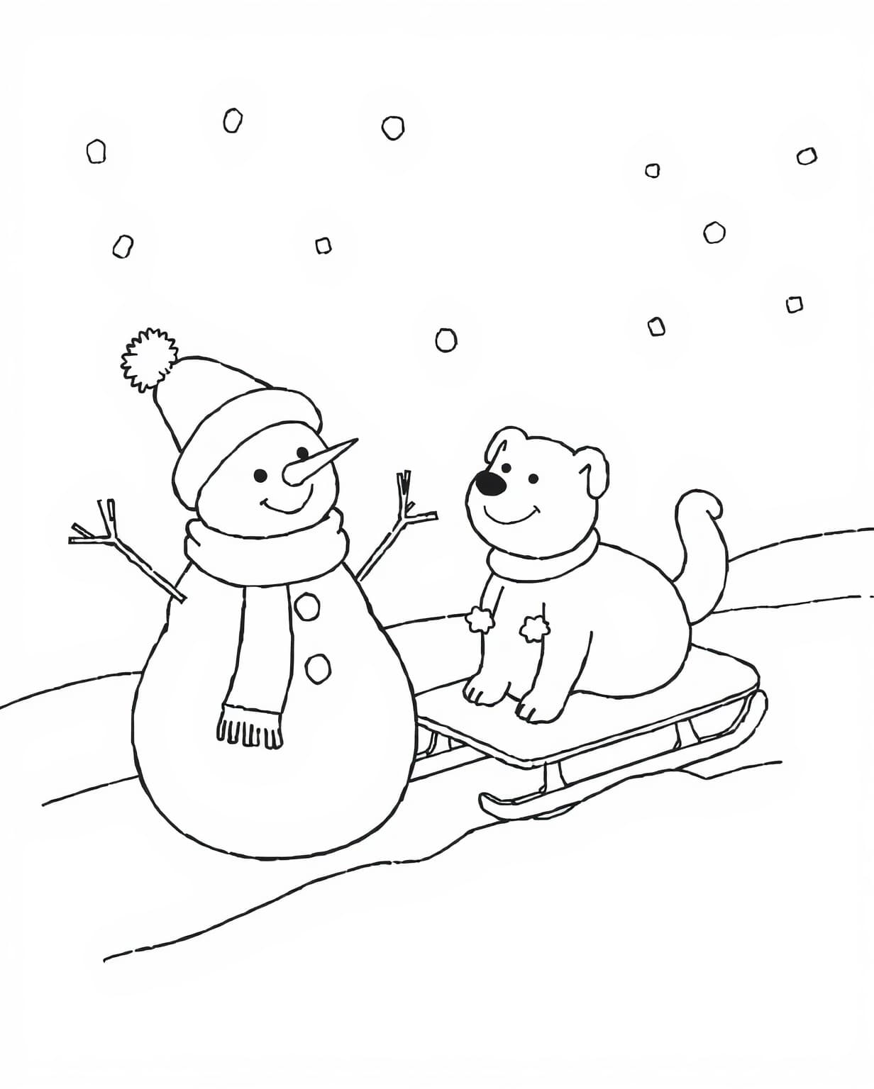 Snowman and Puppy Sledding Coloring Page