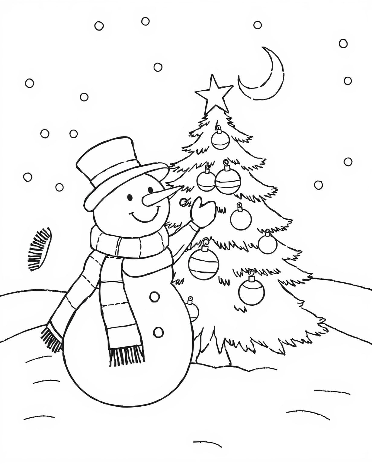 Snowman Decorating a Christmas Tree Coloring Page