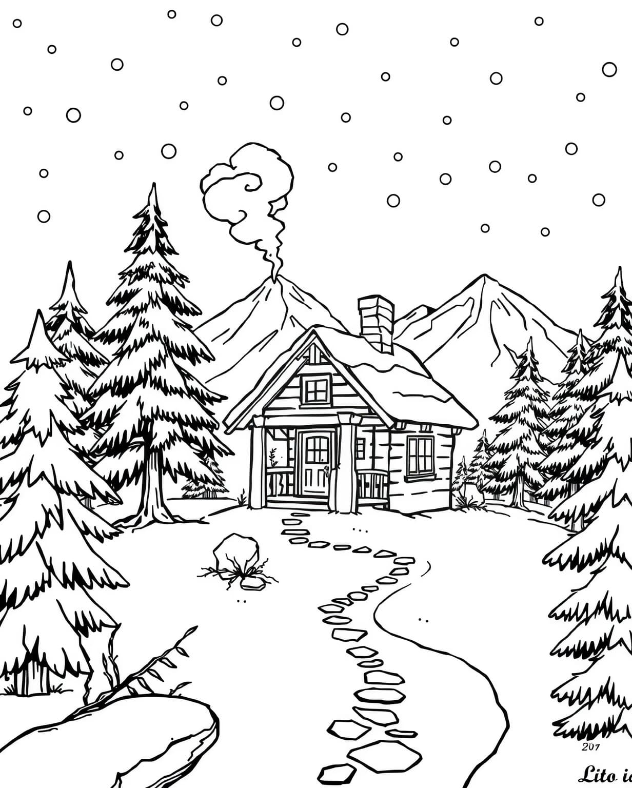 Snowy Mountain Cabin Scene Coloring Page
