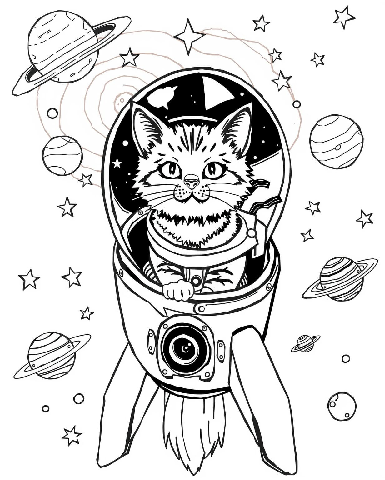 Space Cat in a Rocket Coloring Page