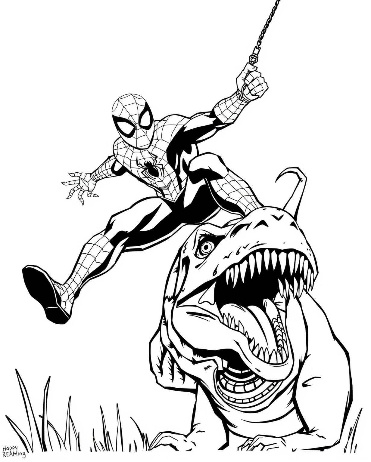 Spiderman And Dinosaur Coloring Page