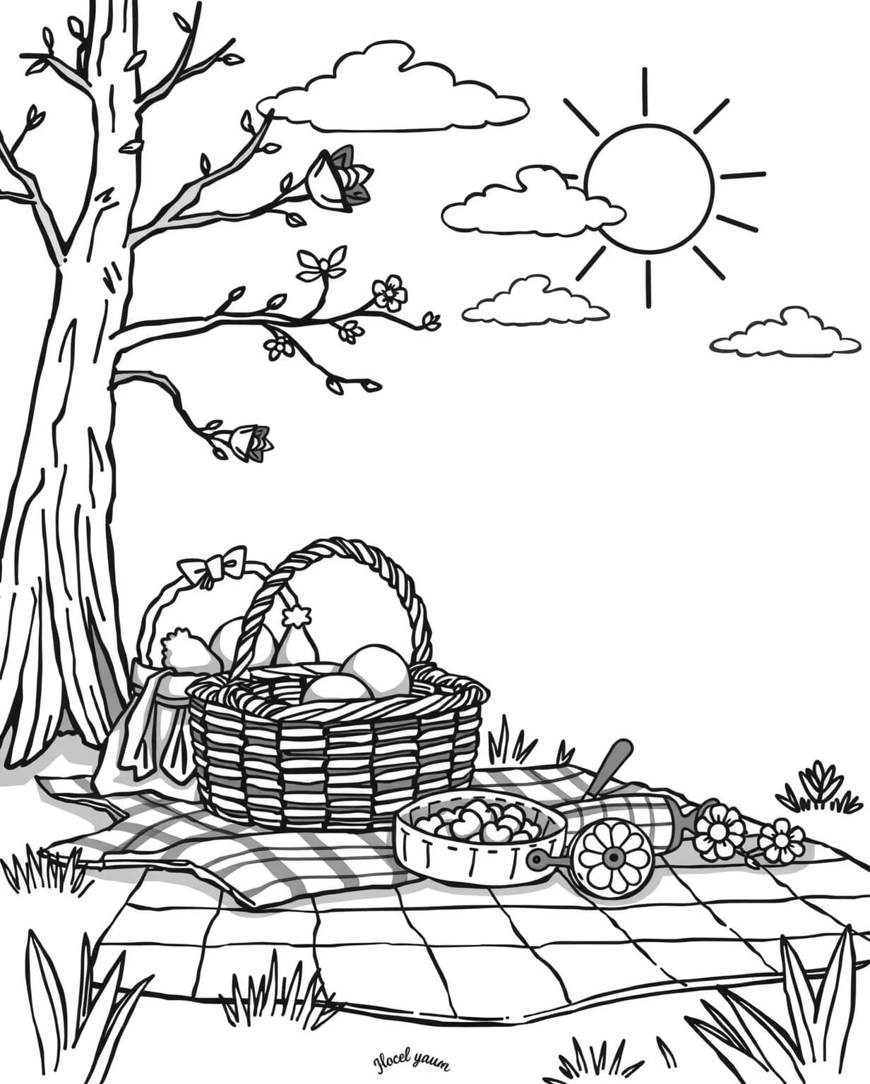 Spring Picnic Scene Coloring Page