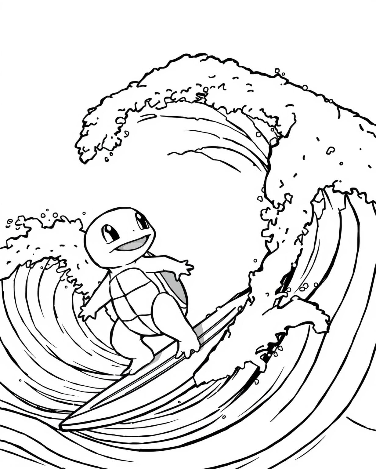 Squirtle Surfing on a Wave Coloring Page