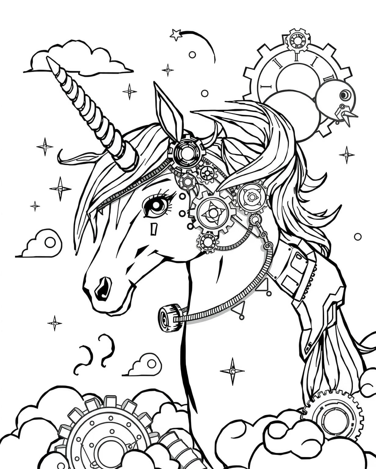 Steampunk Unicorn Coloring Page