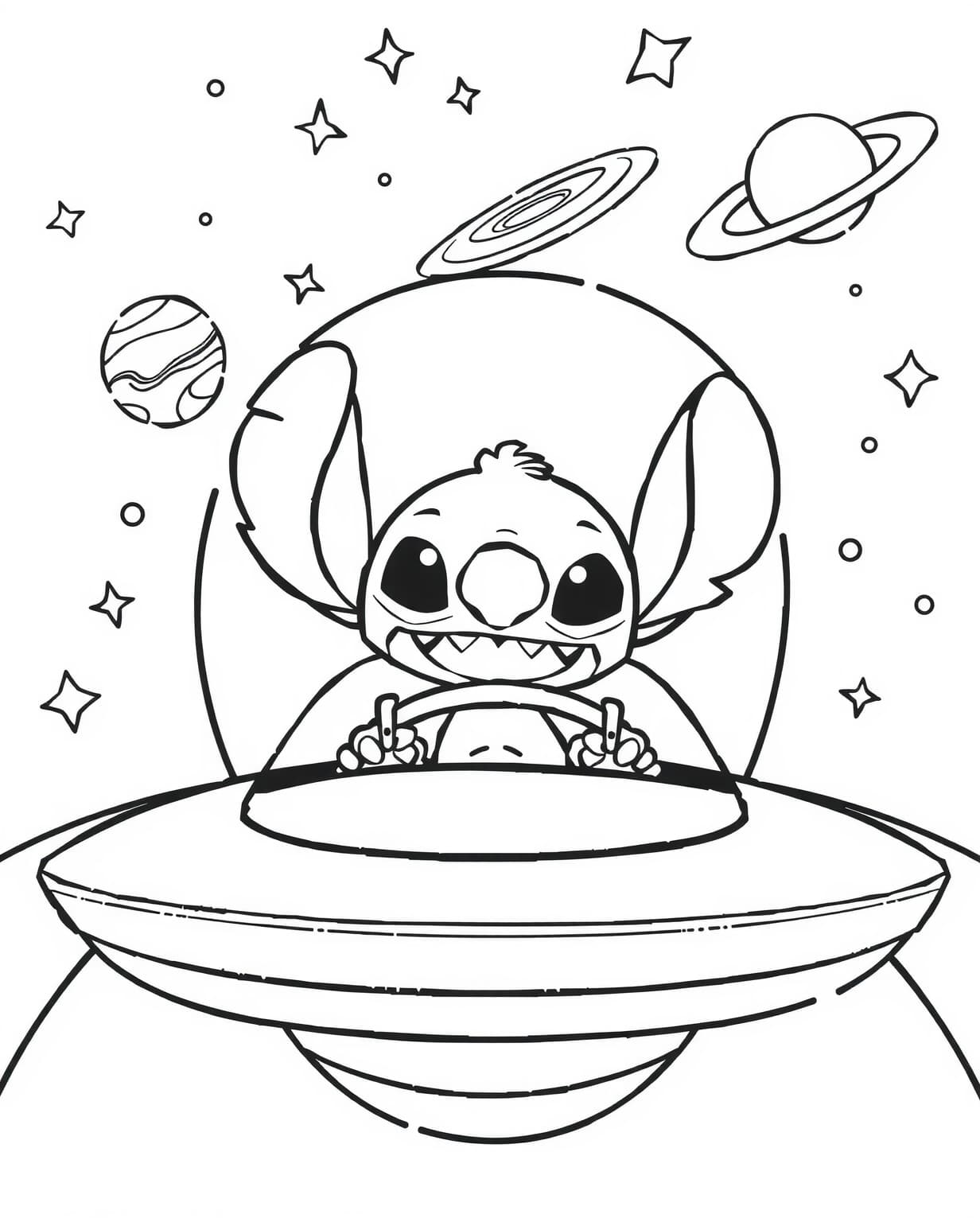Stitch in a Spaceship Coloring Page