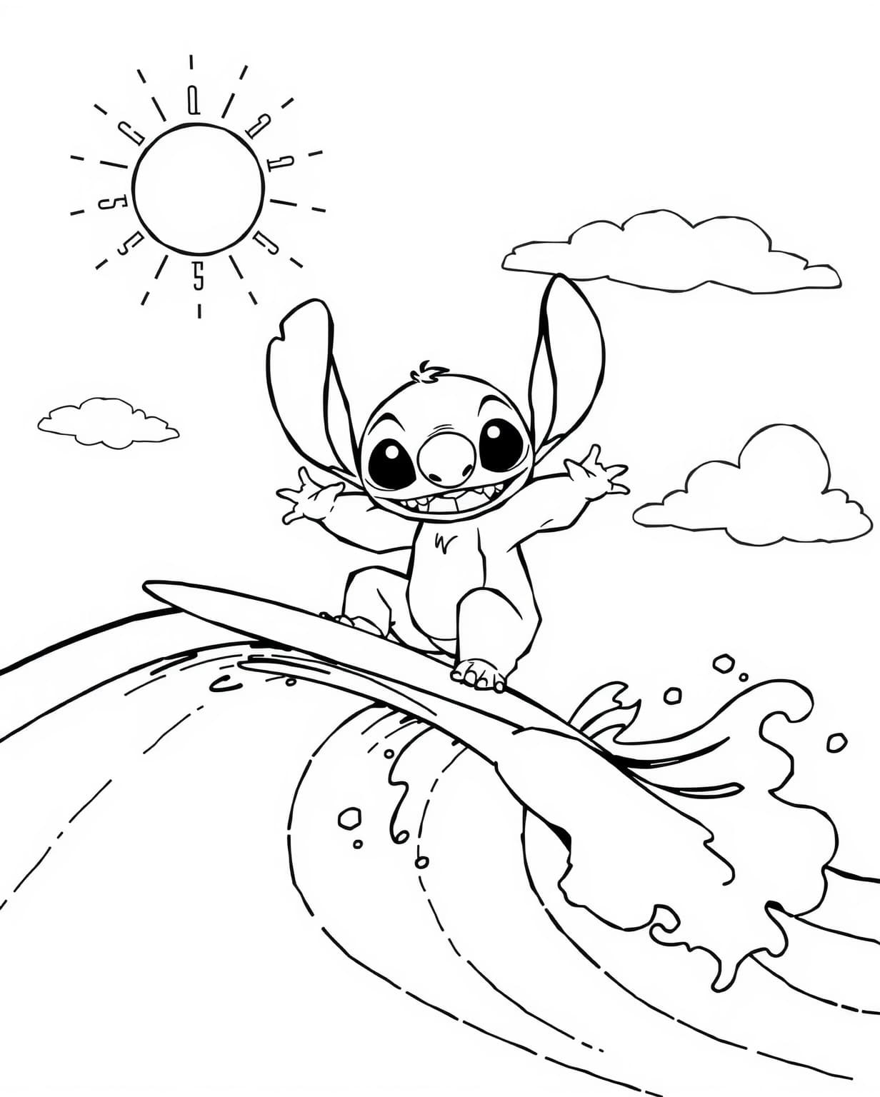 Stitch Surfing the Waves Coloring Page