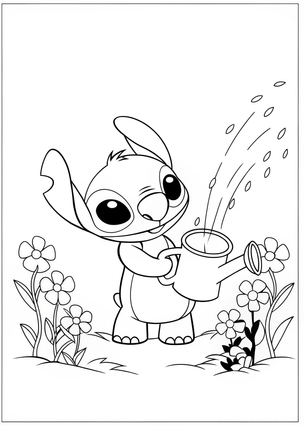 Stitch Watering Flowers Coloring Page