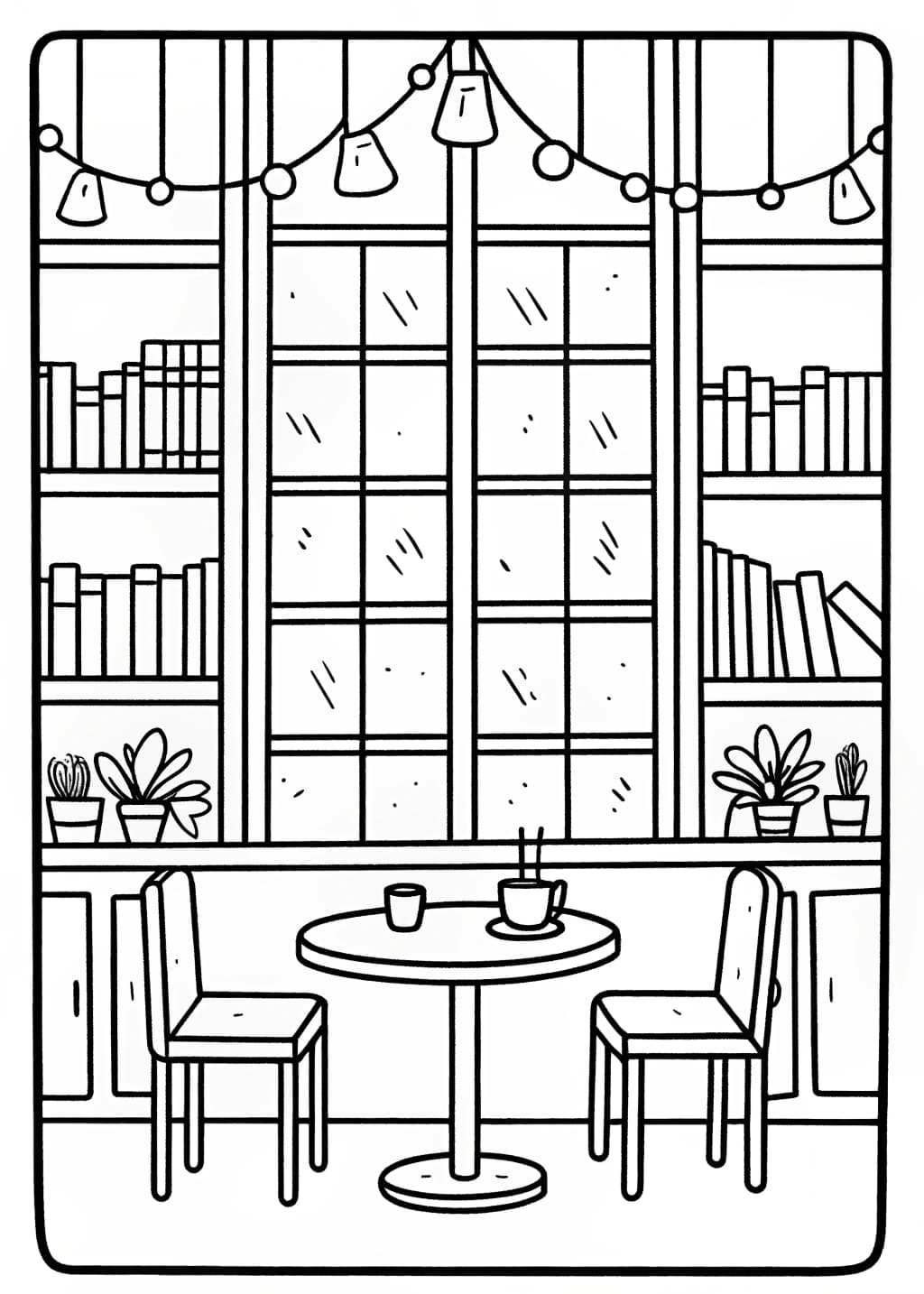 Sunlit Bookstore Café Coloring Page