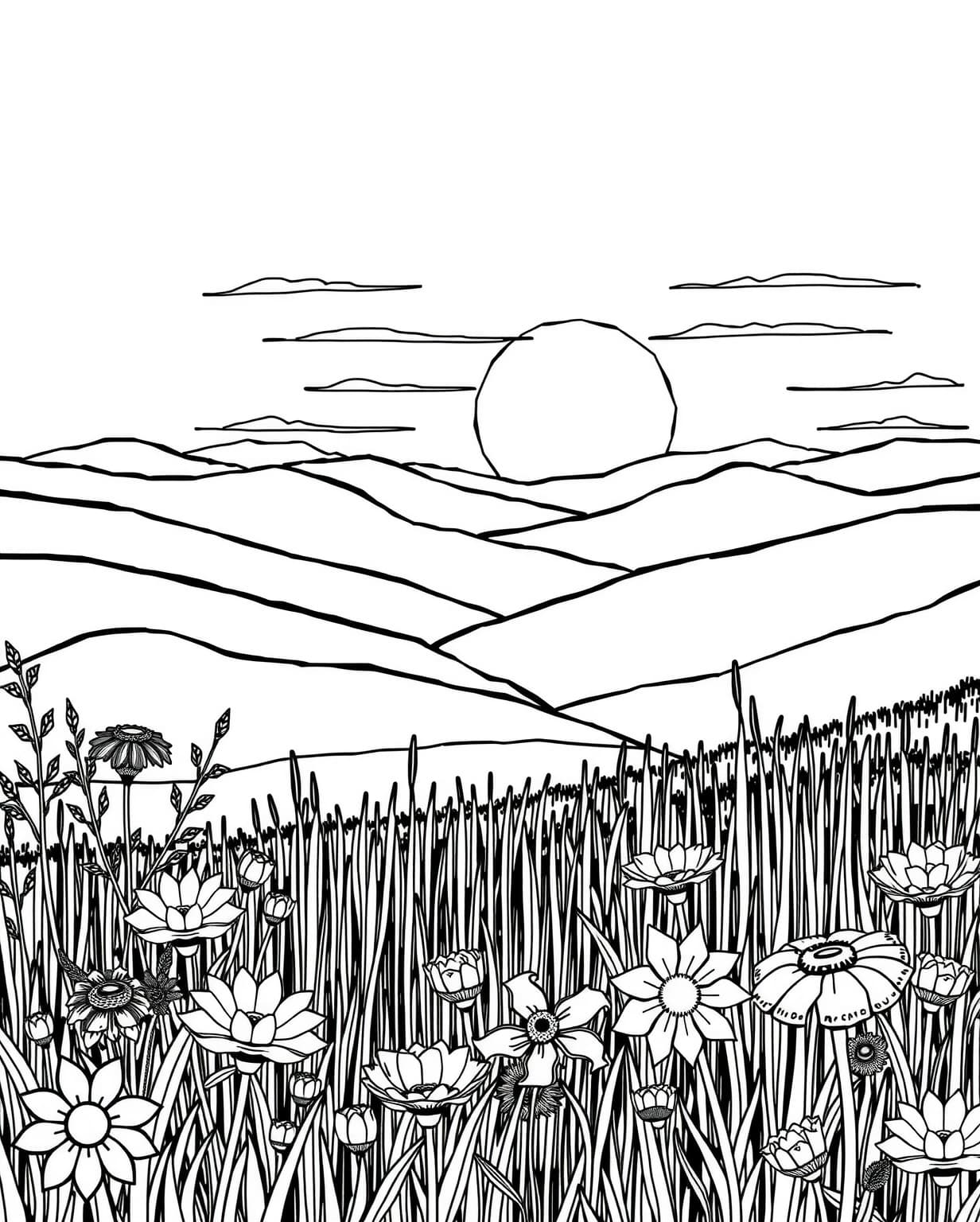 Sunset Meadow Flowers Coloring Page